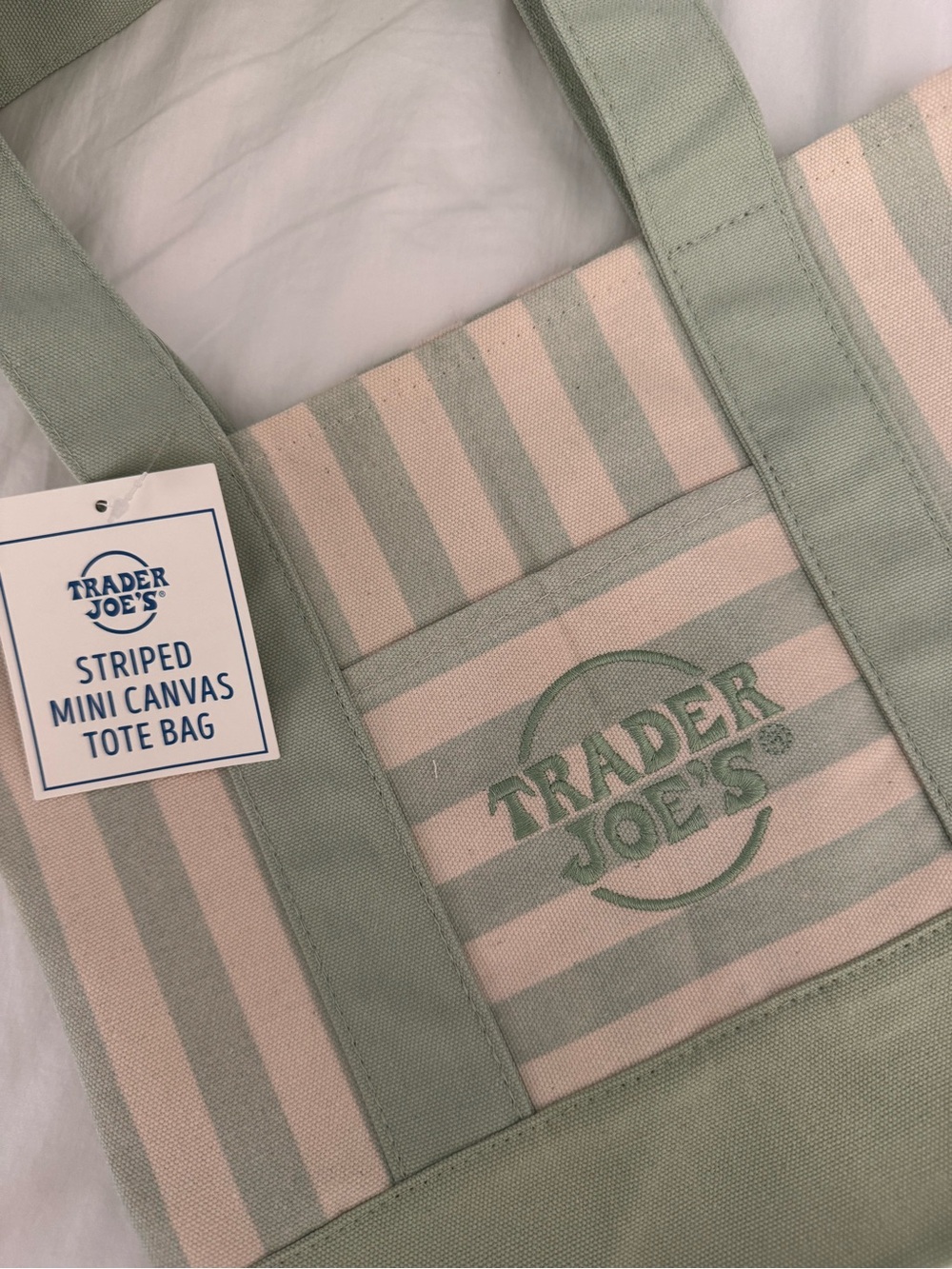 Trader Joe's Mint & Cream Striped Canvas Tote Bag